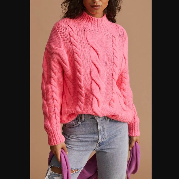NEW Anthropologie Pink Mock Neck Cable-Knit Sweater - Various - Picture 6 of 12